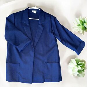 Vintage Open Front Blazer Jacket Small Navy 3/4 Cuff Sleeve Padded Shoulders USA
